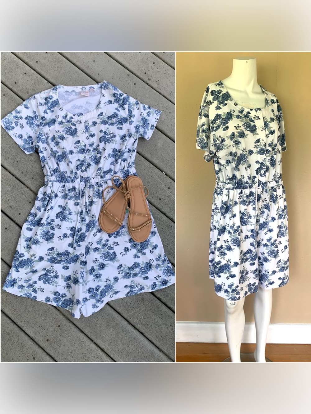 Vintage White Romper with Blue Floral Pattern | 90s Short Sleeve Shorts Romper